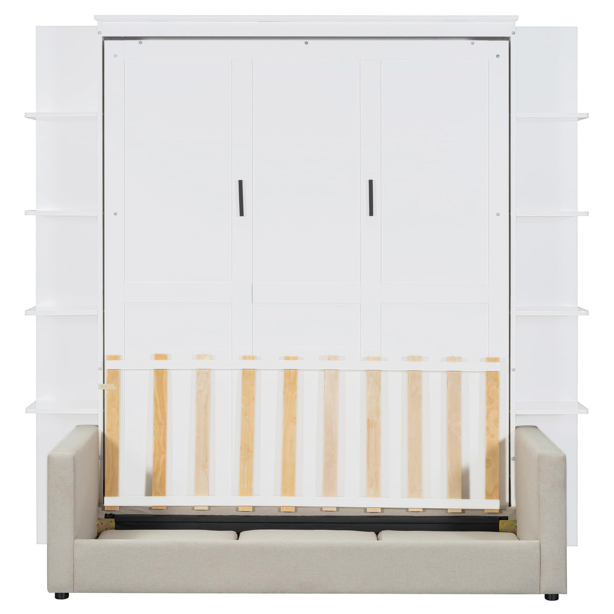 XD Designs Modern Queen Size Murphy Bed Wall Bed with Linen 3 Seat Sofa and 2 Bookshelves, Traditional Solid Wood Murphy Cabinet Bedframe, Can be Folded, Space-Saving Design (White-1.11) XD Designs