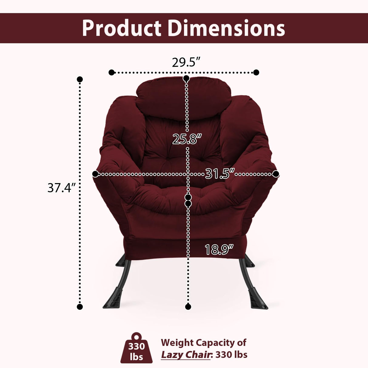 Youtanic Lazy Chair Thick Padded, Accent Chair Velvet Upholstered with Wide Seat, Stable Metal Frame and Non-Slip Pad, Modern Sofa Armchair with Side Storage Bag for Dorm, Room, Office, Burgundy Youtanic