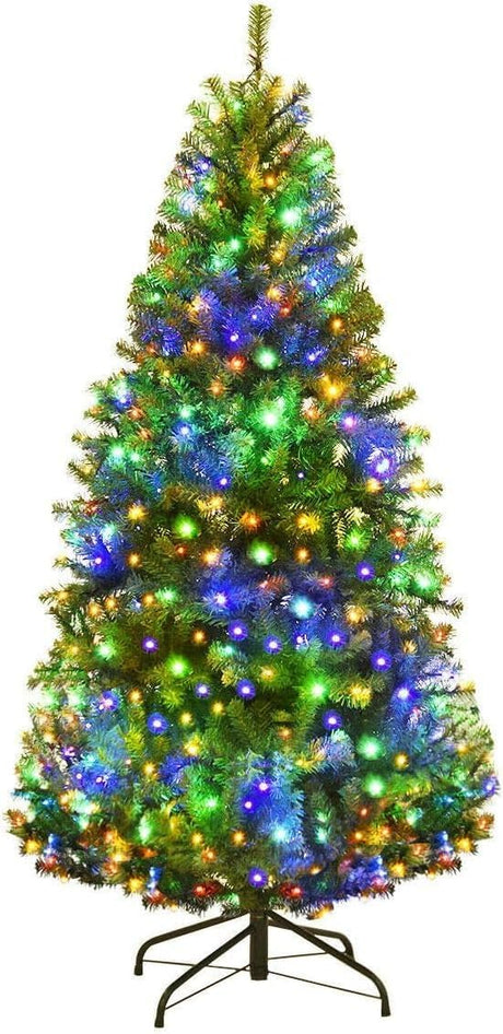 Goplus 4FT Pre-Lit Artificial Christmas Tree, Hinged Spruce Xmas Full Tree with 100 LED Multicolor Lights, 11 Lighting Modes, 300 PVC Branch, Foldable Base, for Indoor Home Office Decoration Goplus