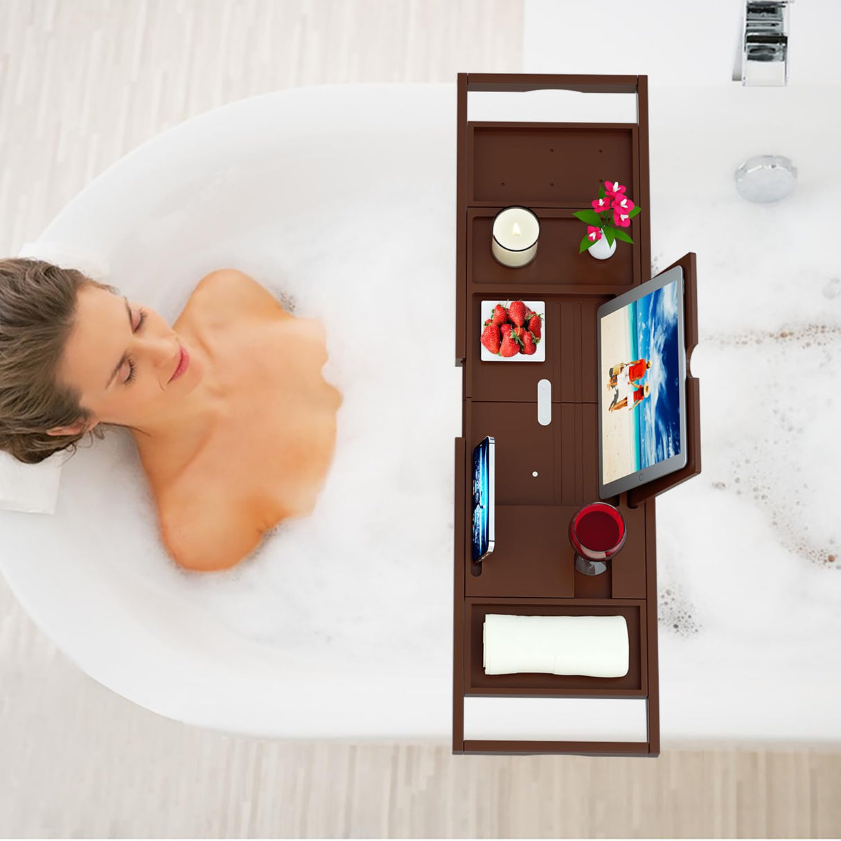 Premium Bamboo Bathtub Caddy Tray - Bath Tray - Bath Tub Tray Table for Bathtub - Expandable Size, Fits Most Bath Tubs - Brown Banlilu