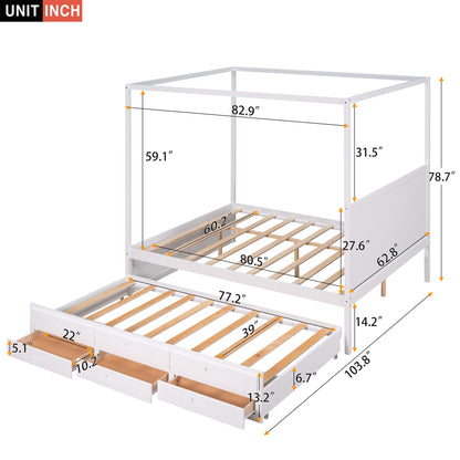 Queen Canopy Beds with Trundle Wood 4-Poster Bed with Storage Drawers Modern Queen Size Bed Frame with Headboard for Adults Kids Teens, White