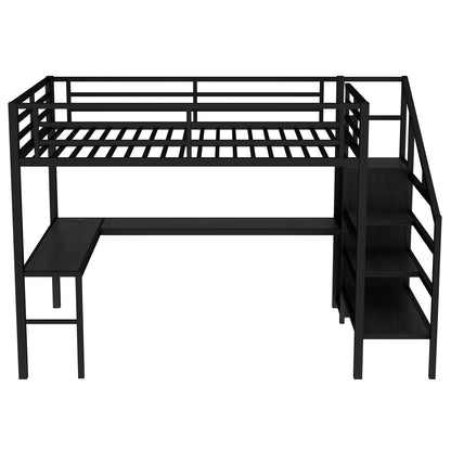 JIJIWANG Queen Size Loft Bed with L-Shaped Desk and USB, Metal Loft Bed with Wardrobe and Adjustable Shelf, with LED for Kids Teens Adults, Black