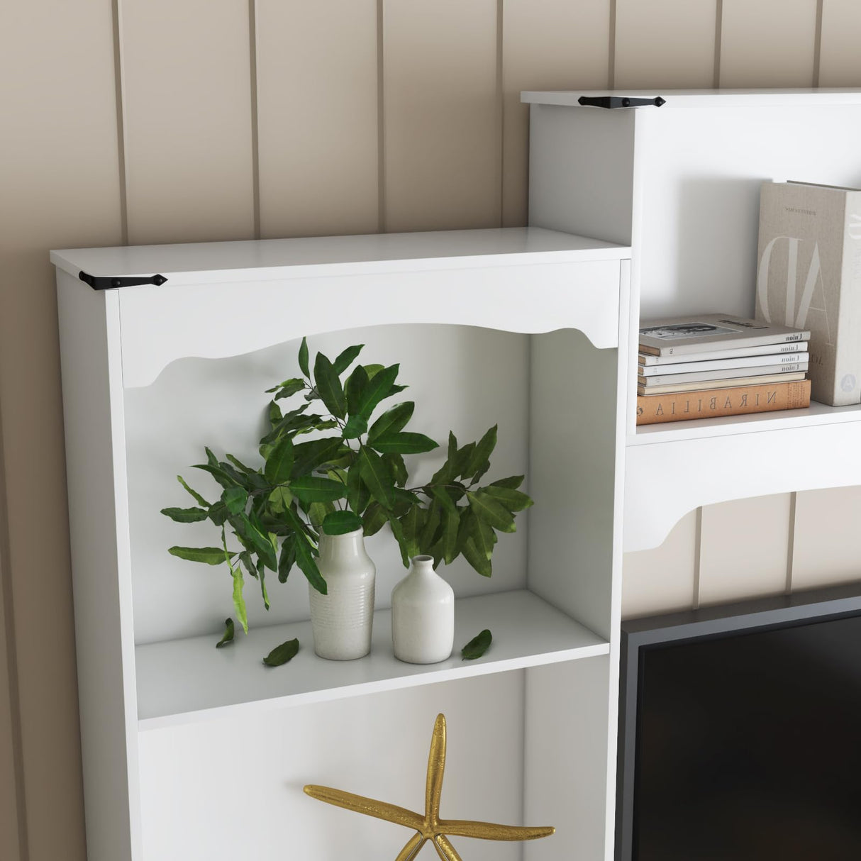 Loomie 104" W Wall Unit TV Stand with Storage for TVs up to 80", Large Farmhouse Wall Unit Entertainment Center with Bridge & Bookshelves, Tall TV Console Table Media Center for Living Room (White) Loomie