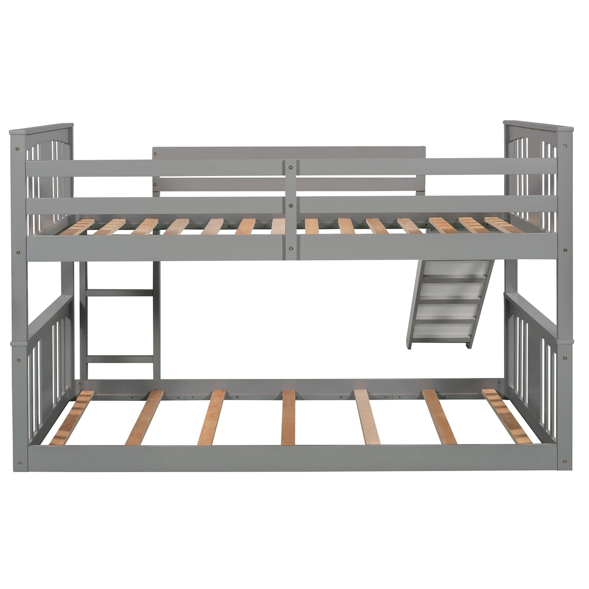Montessori Floor Bunk Bed Twin Over Twin, Twin Bunk Bed with Slide and Ladder, Kids Bunk Beds with Guardrail Headboard and Footboard, Low Bunk Beds for Kids, Boys, Girls, Twin Bunk Bed Gray Bellemave