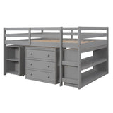 Low Loft Bed with Desk and Dresser Full Size, Wood Kids Loft Beds Frame with Cabinet & Storage Shelves & Rolling Portable Desk for Juniors, Teen, Boys, Girls, Gray Bellemave