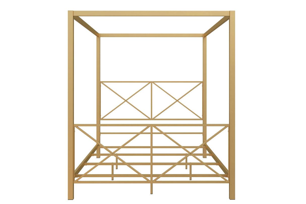 DHP Rosedale Metal Canopy Bed Frame with Four Poster Design and Geometric Accented Headboard and Footboard, Underbed Storage Space, Queen, Gold DHP