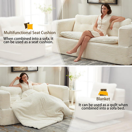 Tabaray 80'' Futon Sofa Bed, King Size Foldable Sleeper Sofa, Corduroy Boneless Loveseat Couch with Chaise Lounge, 3 Pillows, Blanket, Upholstered Sectional Couches for Living Room, Bedroom, Beige Tabaray