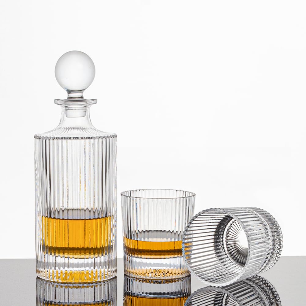 27Oz Whiskey Liquor Decanter Ribbed Set in Box,Decanter Set with 2 Glasses,Idea for Scotch Liquor,Whiskey Wine Decanter Suit for Men and Women Father Coworkers QUEEN&STONE LEAD FREE