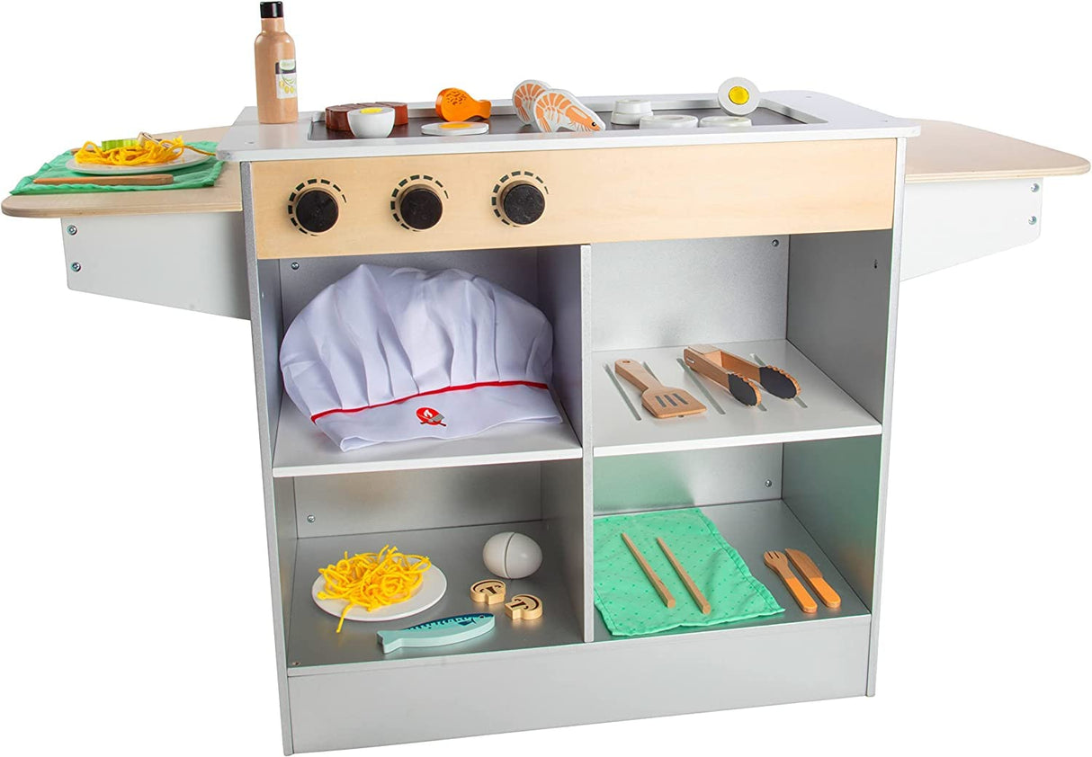 Hibachi Grill Wooden Kids Playset w/ Stools, Table Settings and Over 25 Toy Food Pieces - Noodles, Tongs, Meats, Veggies - Everything Your Little Chef Needs for Pretend Play Indoor Japanese Restaurant Svan