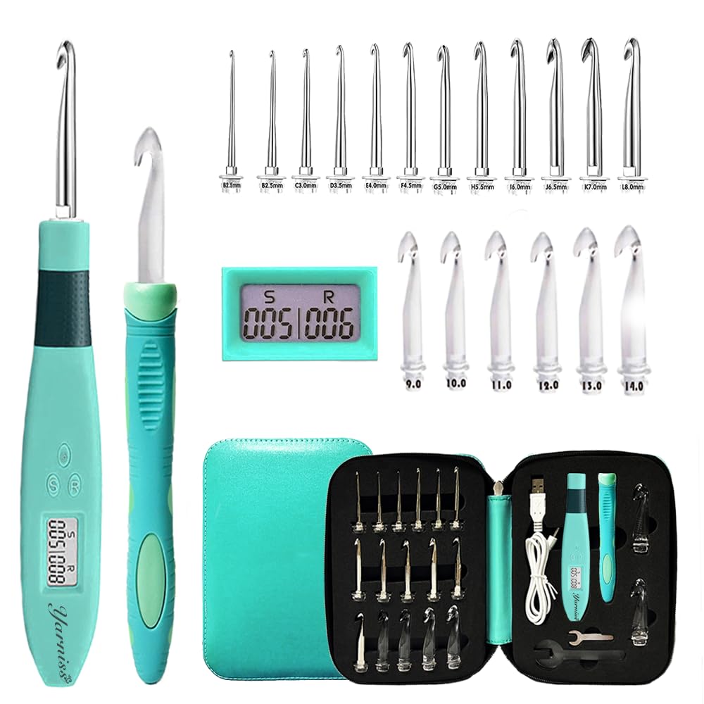 Yarniss 18 Size Counting Crochet Hooks with Light, Digital Counter Crochet Hooks Set with Case (2.0mm~14.0mm) Yarniss
