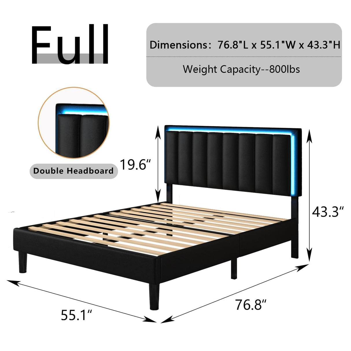 IMMERSTABLE Full Size Bed Frame with LED Lights, Full Bed Frame, Upholstered Bed Frame Full with Headboard, Heavy Duty Wood and Metal Slats Support, Noise-Free, No Box Spring Needed, Easy Assembly IMMERSTABLE