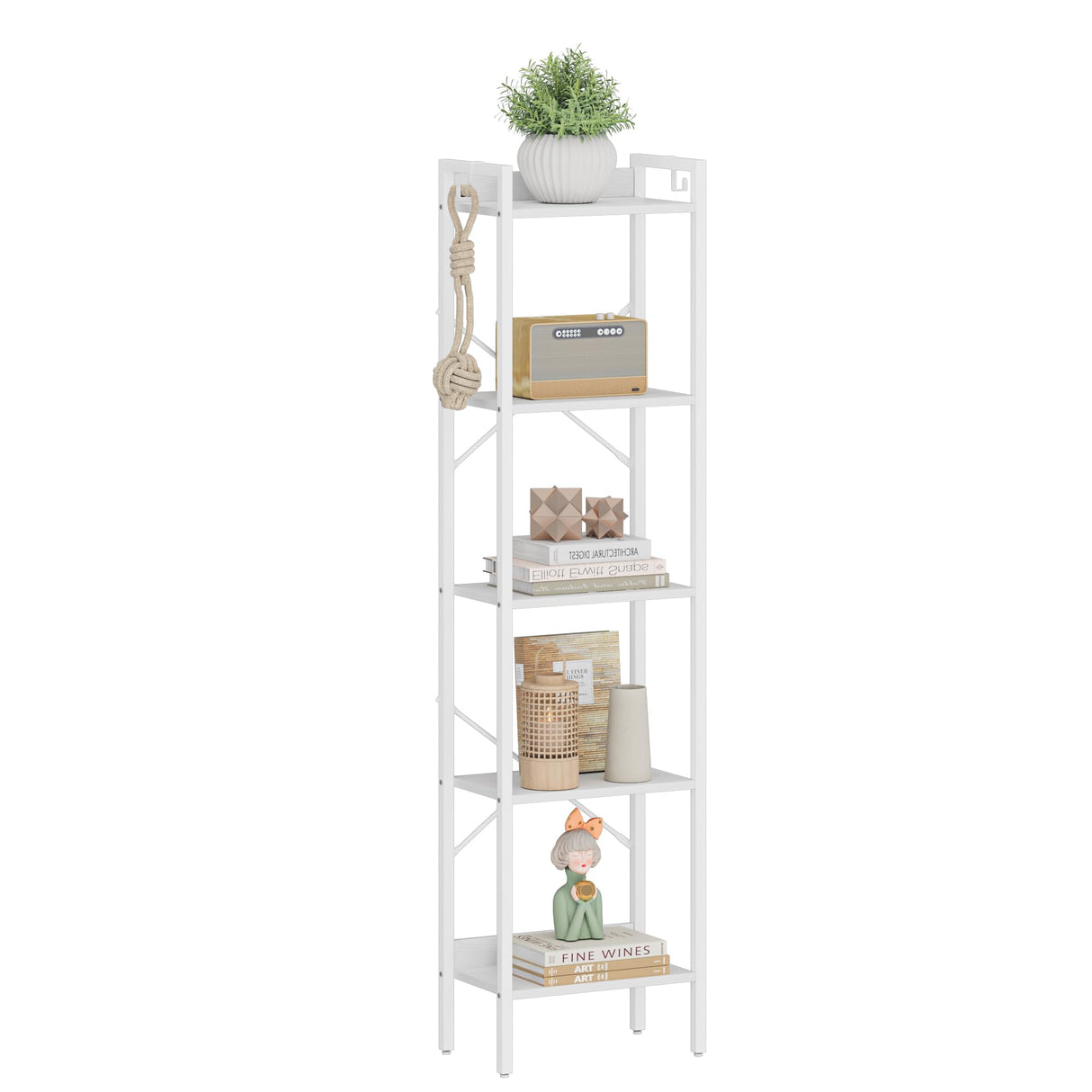 Hzuaneri Bookshelf, Book Shelf, Industrial Bookcase with 2 Hooks, Coner Shelf Storage Organizer for Home Office, Living Room, Bedroom, Kitchen, 5-Tier White BC10513W Hzuaneri