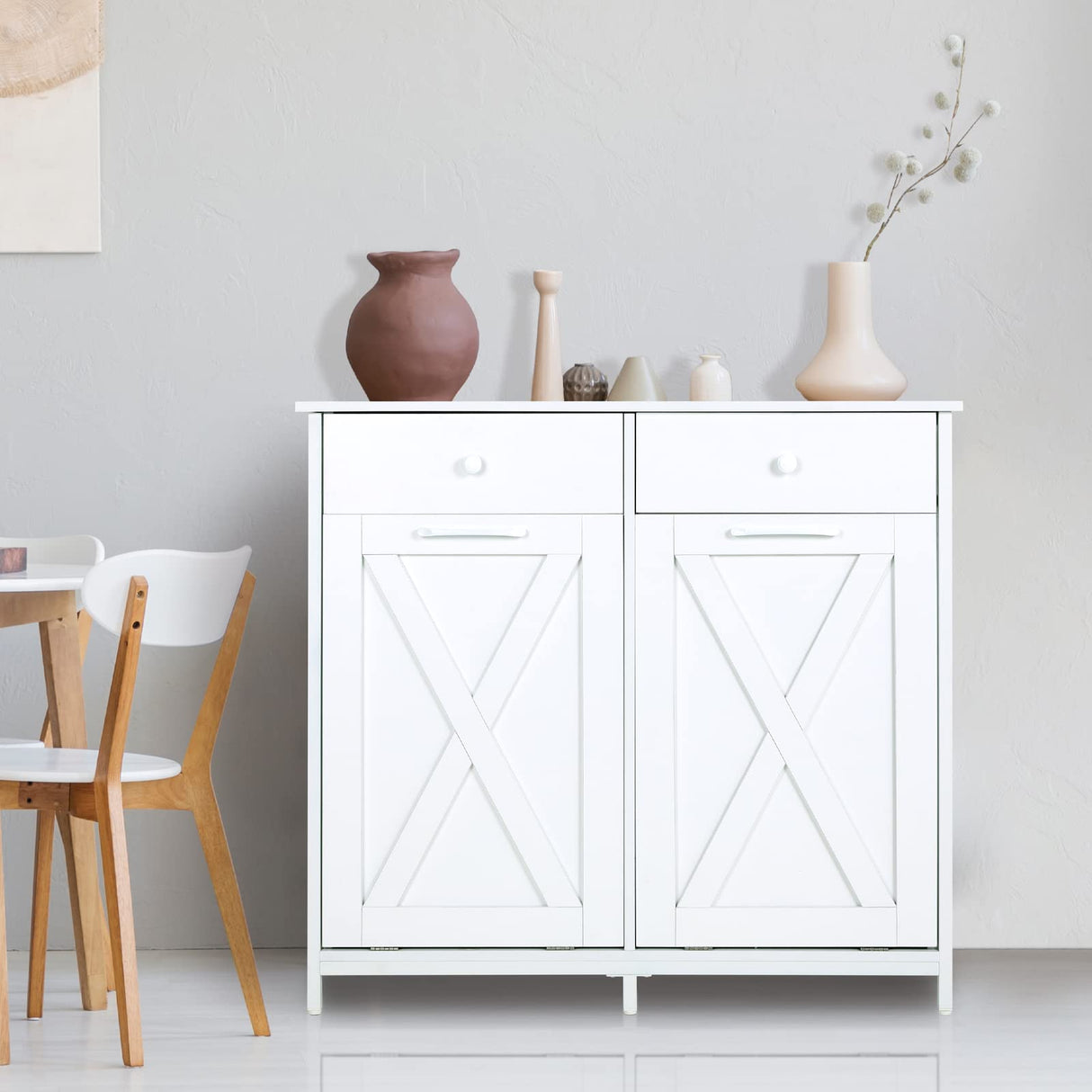 Arlopu Dual Tilt Out Trash Cabinet, 10X2 Gallon Pet Proof Kitchen Pull Out Hidden Garbage Can Cabinet, Freestand Wooden Laundry Sorter Cabinet, W/Drawer, Barn Door, for Home, Living (White) Arlopu