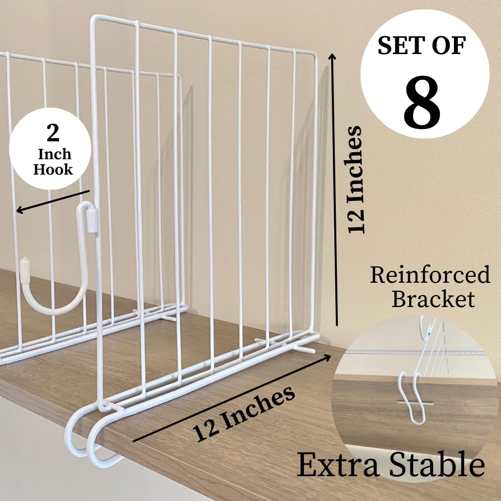 Evelots Shelf Dividers for Wood Shelf with New Patent Pending Removable Hooks, 8 Pack Closet Organizers and Storage for Clothes, Purse, Pantry - Solid Steel-12 Inch Shelf -Reinforced Wide Bottom Evelots