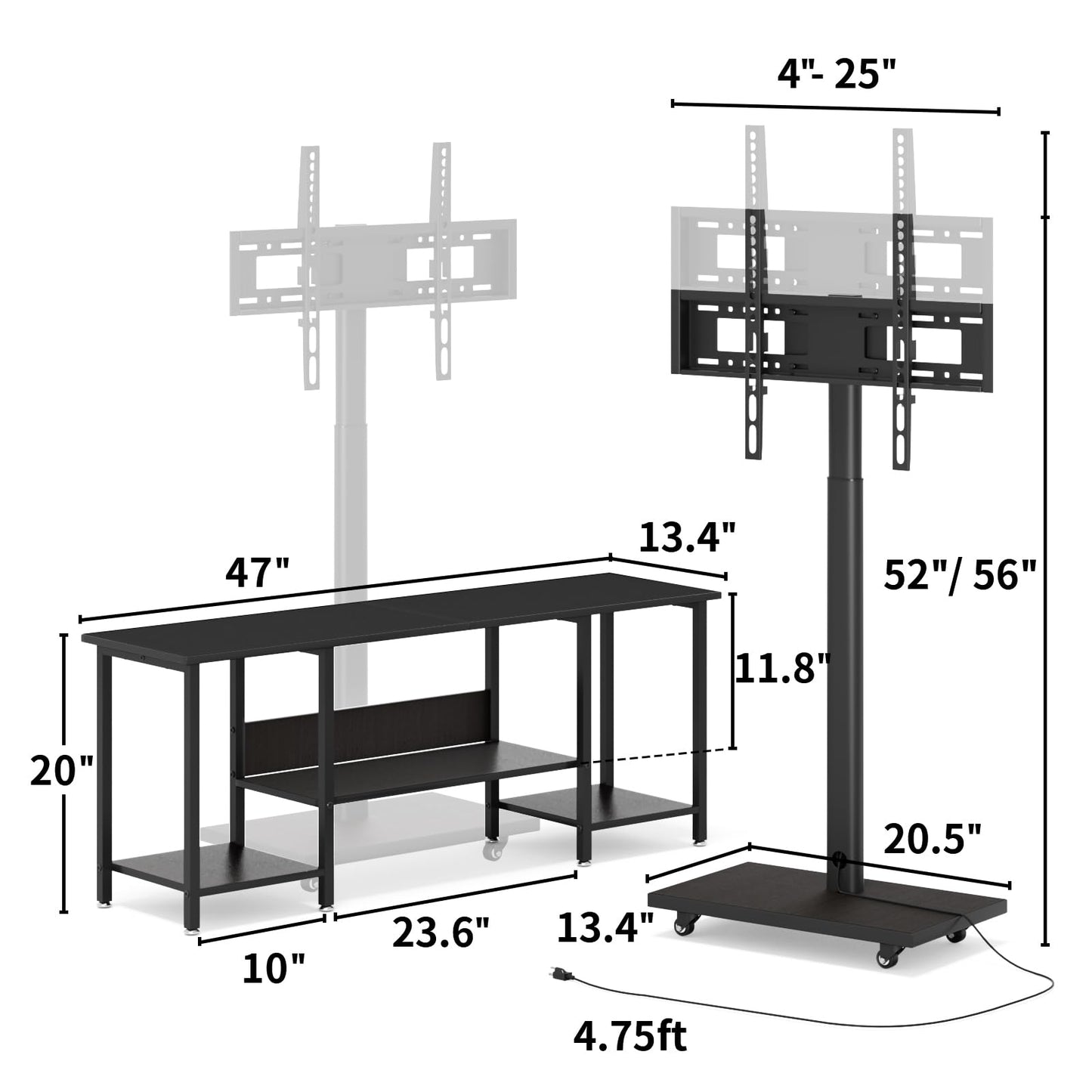 TV Stand with Mount for 32-65 Inch TVs, Swivel Rolling TV Stand Mount with Wheels and Power Outlet, Entertainment Center with Storage, Media Console Cabinet for Living Room Bedroom, Black