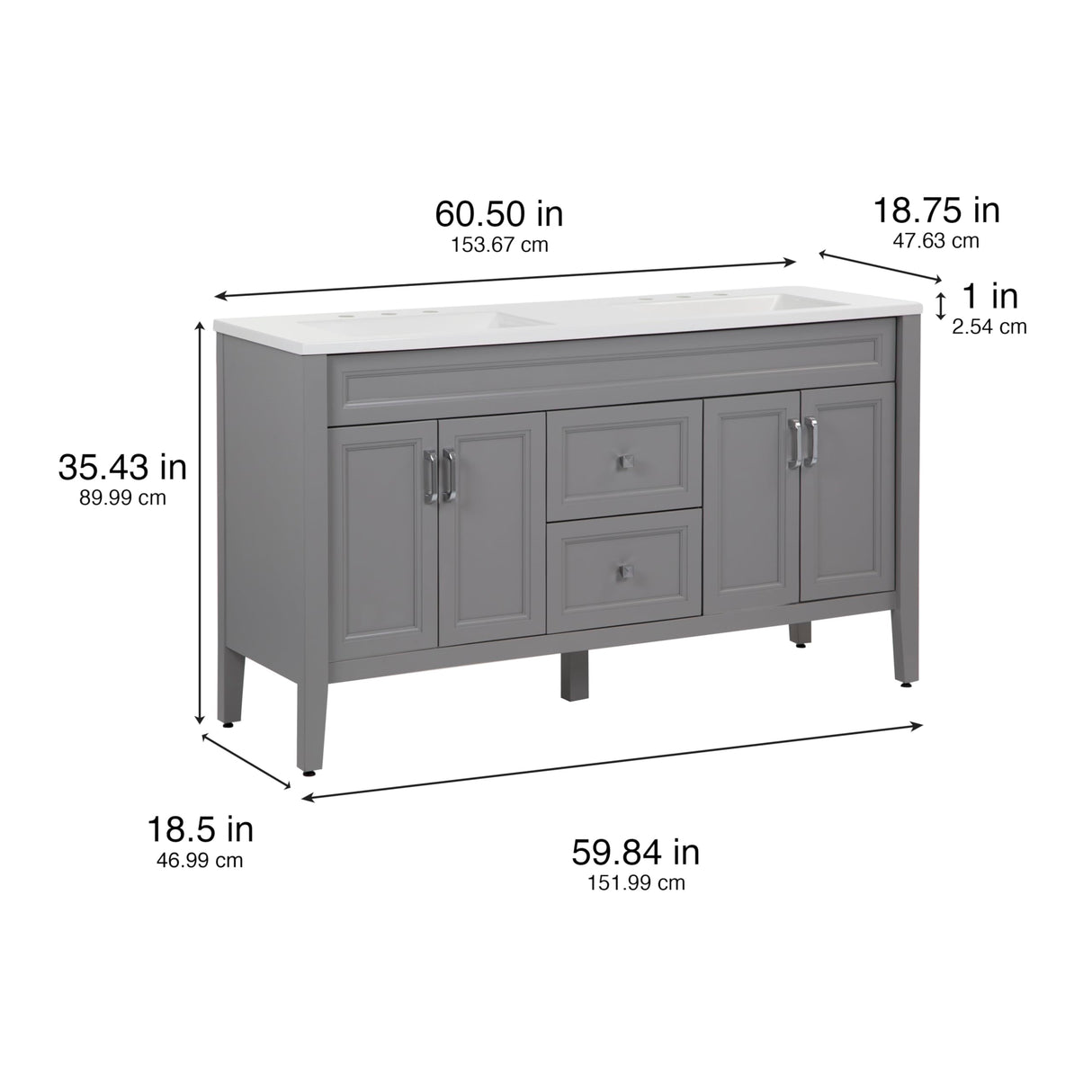 Spring Mill Cabinets Vadin 60 Inch Double-Sink Bathroom Vanity with White Top, 2 Soft-Close Drawers, 2 Cabinets, 60.5" W x 18.75" D x 35.43" H, Sterling Gray Spring Mill Cabinets