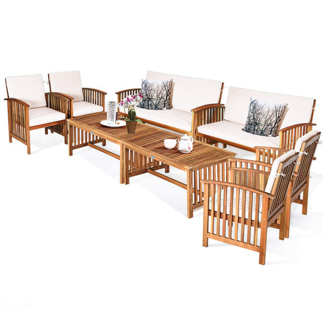 Tangkula Outdoor 8 Pcs Acacia Wood Sofa Set w/Water Resistant Cushions, Padded Patio Seating Chat Set w/Coffee Table for Garden, Backyard, Poolside (2, White) Tangkula