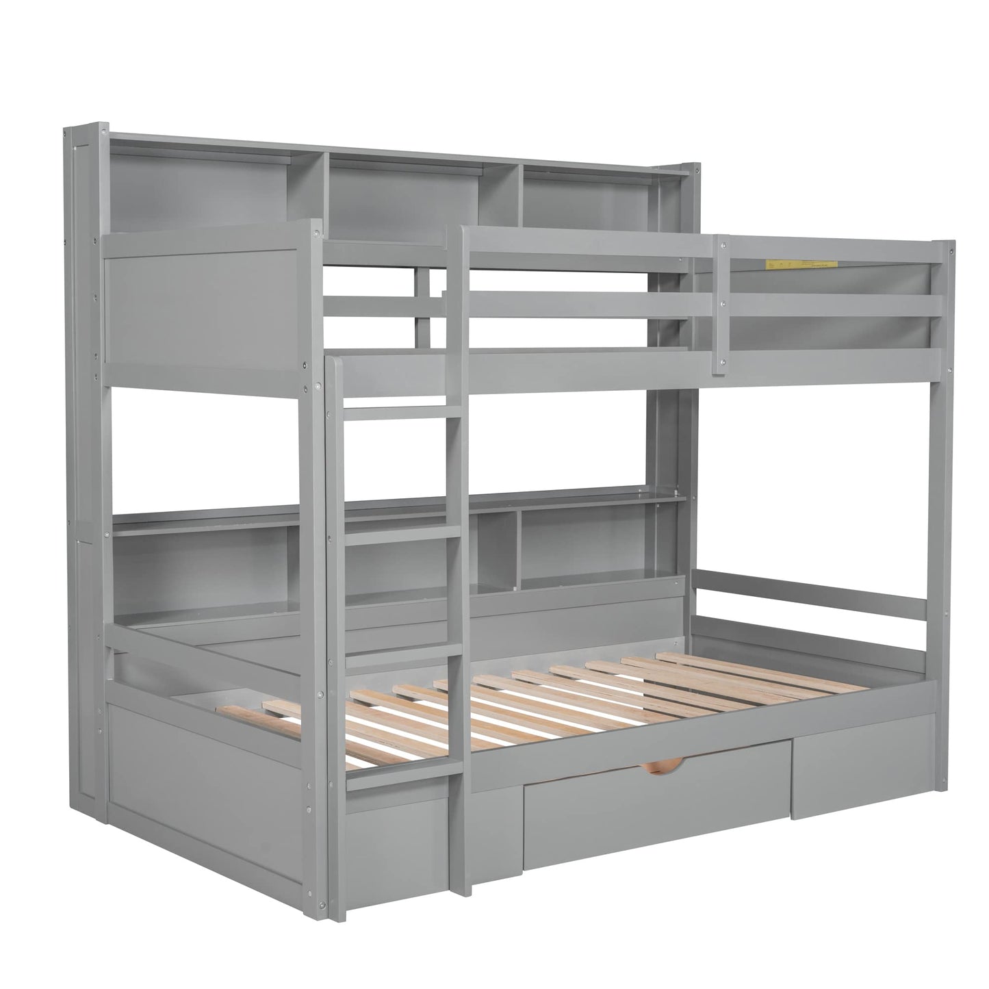 Harper & Bright Designs Twin Over Twin Bunk Bed with Storage, Wooden Bunk Bed with Built-in Storage Shelves and Drawer, Kids Bunk Bed Twin Size for Boys & Girls, No Box Spring Needed (Gray)