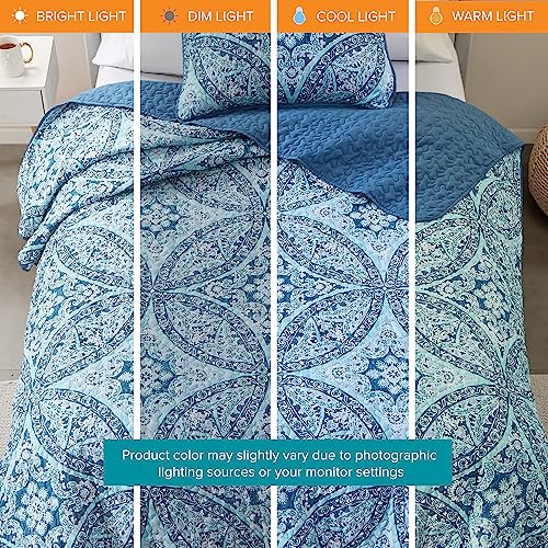 Comfort Spaces Reversible Quilt Set-Vermicelli Stitching Design All Season, Lightweight, Coverlet Bedspread Bedding, Matching Shams, Twin/Twin XL (66 in x 90 in), Gloria Damask Aqua 2 Piece Comfort Spaces