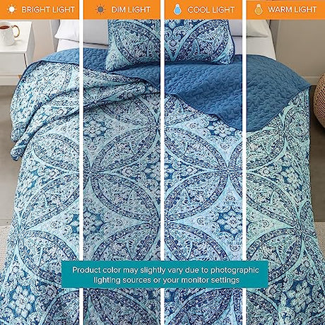 Comfort Spaces Reversible Quilt Set-Vermicelli Stitching Design All Season, Lightweight, Coverlet Bedspread Bedding, Matching Shams, Twin/Twin XL (66 in x 90 in), Gloria Damask Aqua 2 Piece Comfort Spaces
