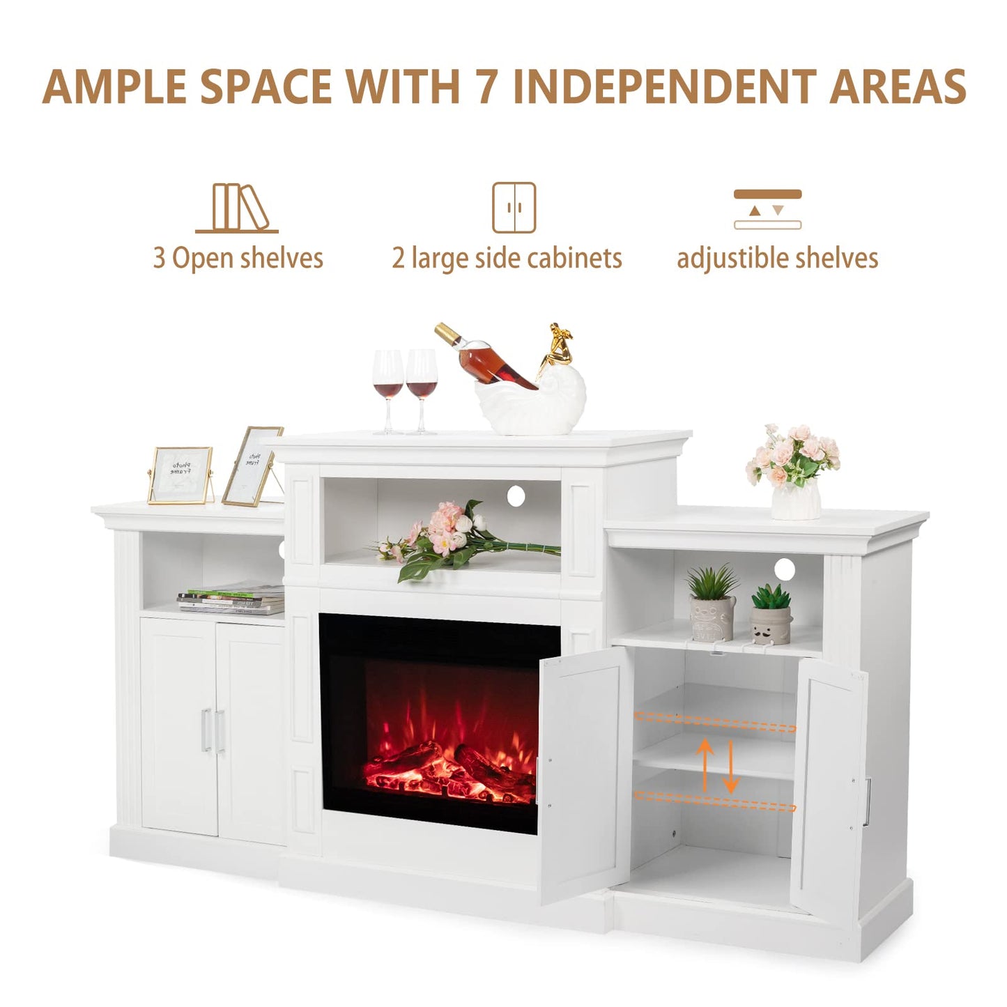 VINGLI Electric Fireplace with Mantel, Fireplace TV Stand for TVs Up to 85'', Modern Entertainment Center with Storage, TV Console with Shelves for Living Room and Bedroom (White, 79'' x 16'' x 41'')