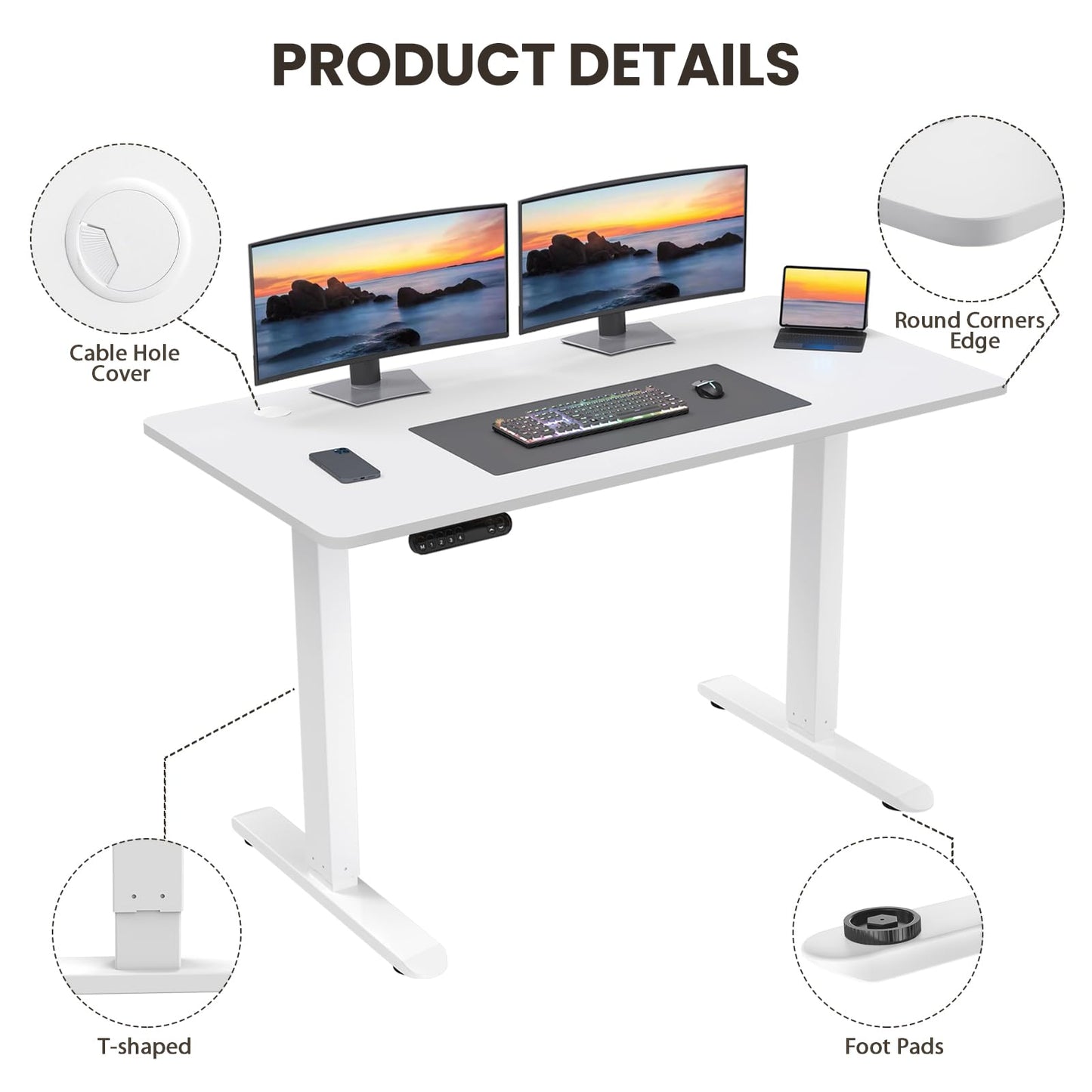 ERGOMORE Electric Standing Desk with 48x24 Inches Whole-Piece Desktop, Adjustable Height Desk with 4 Memory Presets for Home Office (White) - WoodArtSupply