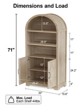 71" Tall Arched Bookcase with Storage, 5 Tier Mid-Century Modern Arched Cabinet with Doors, Farmhouse Wood Kitchen Pantry Cabinet with Open Adjustable Shelves, Bookshelf for Living Dining Room Sunny Heart