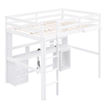 White Full Size Loft Bed with Desk, Storage, LED Lights, and Charging Station - WoodArtSupply