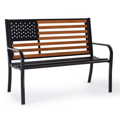 𝐀𝐭𝐭𝐥𝐢𝐚𝐬𝐚𝐥𝐨𝐧 50” Outdoor Bench Garden Bench with American Flag Style, Sturdy Cast Iron Metal Frame Patio Park Bench for Porch Yard Lawn Deck Park