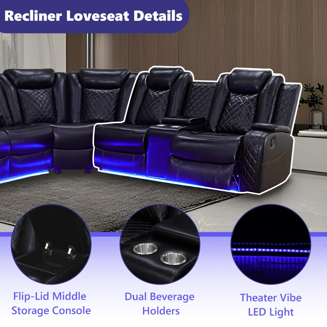 Anthato Black Power Recliner Sectional Sofa Set with LED, Breathing Leather Reclining Corner Couch & Chair, L-Shaped Home Theater Seating with Cup Holders/Storage for Living Room (Sectional+Chair) Anthato