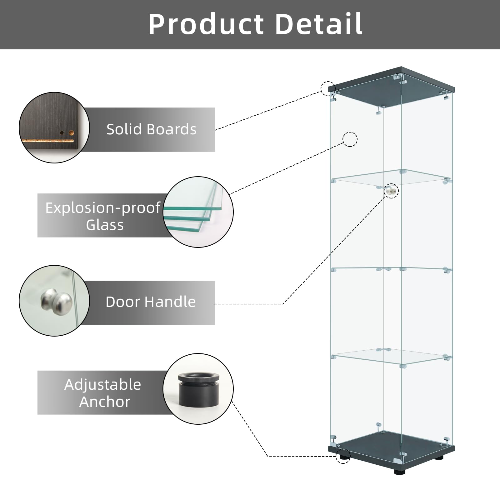 LFT HUIMEI2Y Glass Display Cabinet 4-Shelf with Door and Lock, Curio Cabinets Upgraded Quick-Install Style Tempered Glass Floor Standing Bookshelf for Bedroom, Living Room 65”x 17”x 14” Black - WoodArtSupply