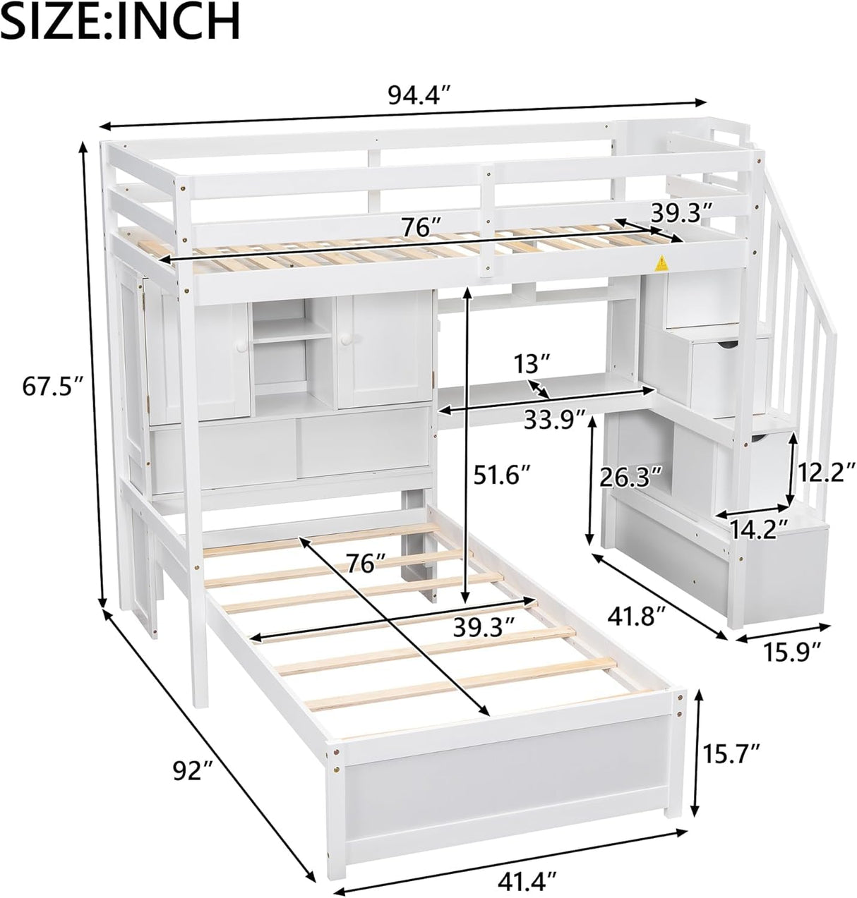 Virubi Twin Over Twin L-Shaped Bunk Bed with Desk and Storage Staircase, Wood L-Shaped Loft Bed with Desk and Storage Bookcase Shelves for Kids Boys Girls (White) Virubi