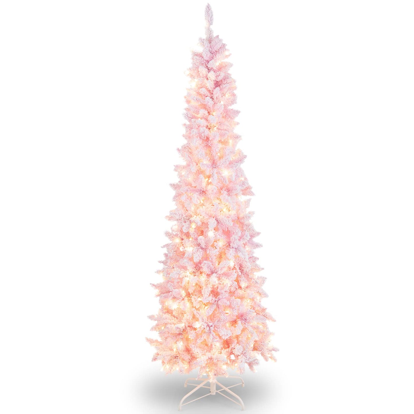 Goplus 7ft Pink Pre-Lit Pencil Christmas Tree, Snow Flocked Artificial Slim Tree with 800 Branch Tips, 300 LED Lights, 8 Lighting Modes, Life-Like Hinged Xmas Tree for Indoor Home Office Holiday Decor