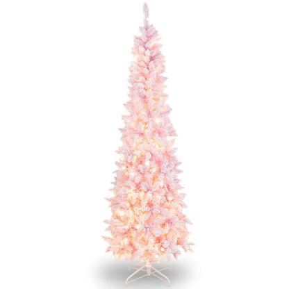 Goplus 7ft Pink Pre-Lit Pencil Christmas Tree, Snow Flocked Artificial Slim Tree with 800 Branch Tips, 300 LED Lights, 8 Lighting Modes, Life-Like Hinged Xmas Tree for Indoor Home Office Holiday Decor