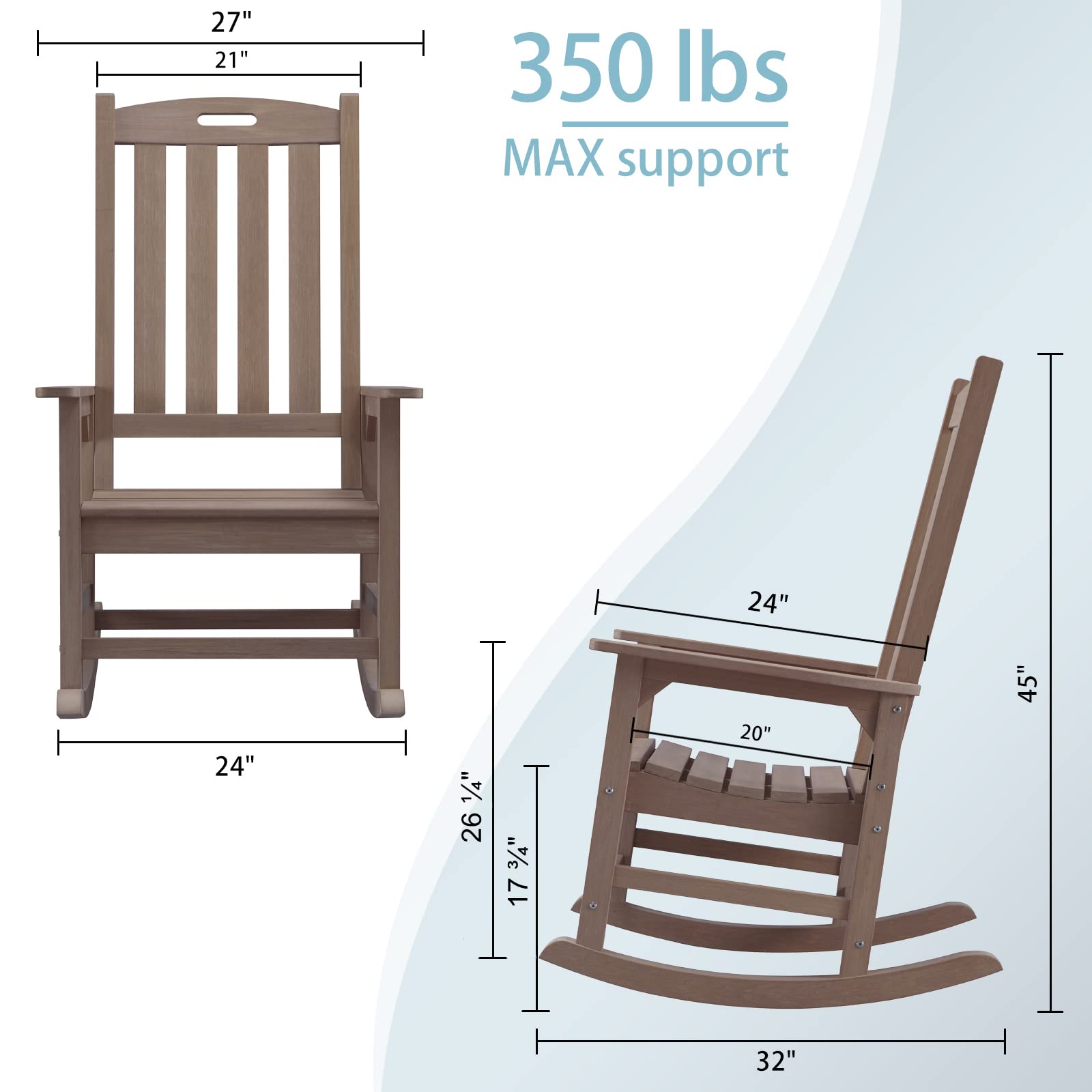 Psilvam Patio Rocking Chair, Oversized Poly Lumber Porch Rocker with High Back, Easy-Assemble Poly Rocker Chair for Both Outdoor and Indoor, Relaxing Gift for Parents (Brown) - WoodArtSupply