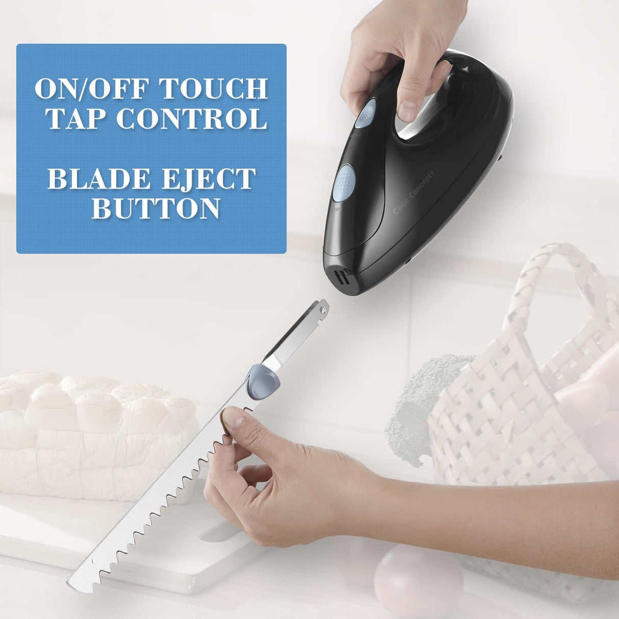 Cook Concept Electric Knife for Carving Meat, Fish, Turkey, Bread, 2 Interchangeable 8" Serrated Blades, Lightweight, Efficient Slicing,Thanksgiving Gift Cook Concept