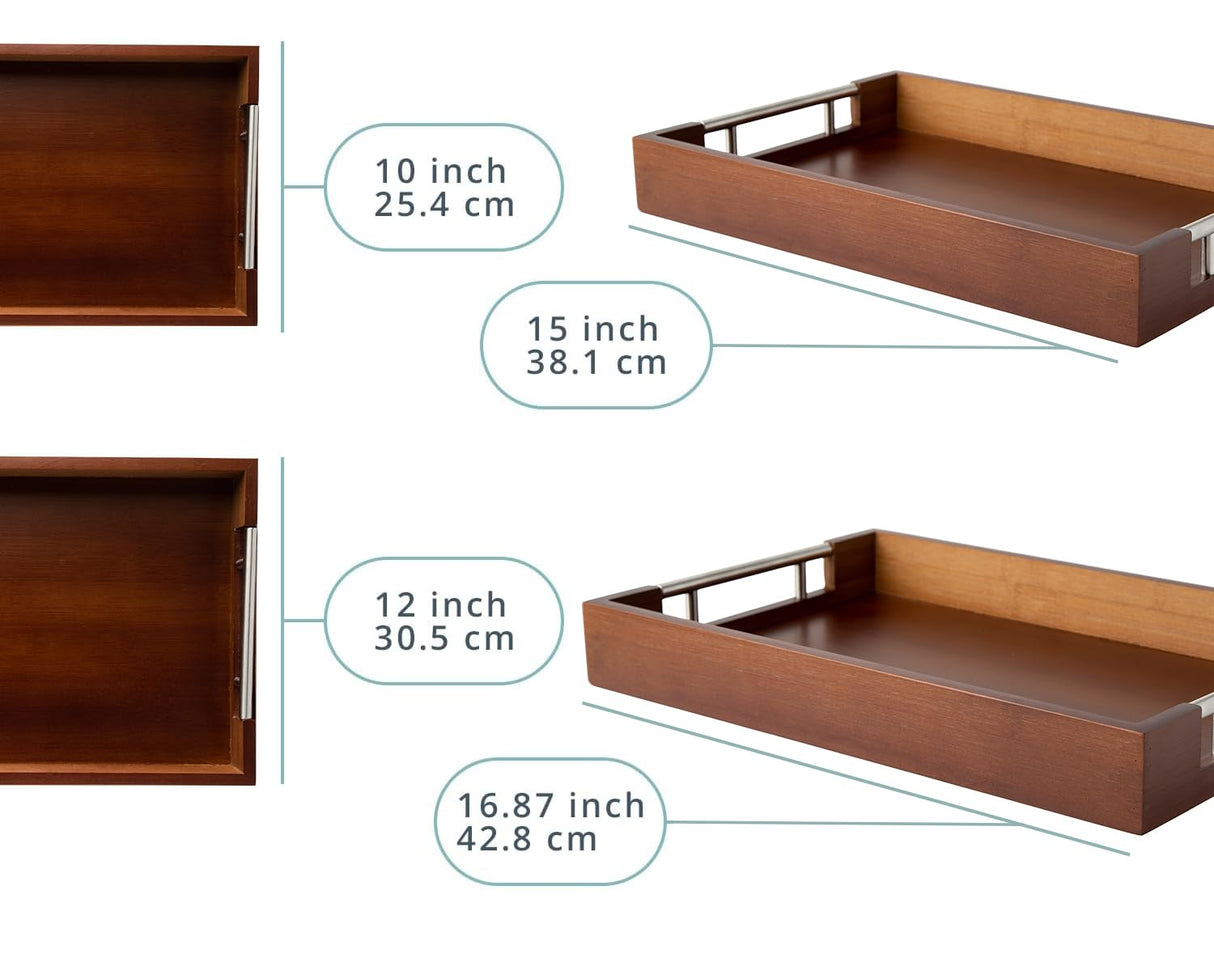 Set of 2 Decorative Serving Trays - Bamboo + Silver Stainless Steel Handles - Coffee Table or Ottoman Tray for Breakfast in Bed Jewelry, Decor Organization - 12"x17" - Stained Brown Finish Comfify