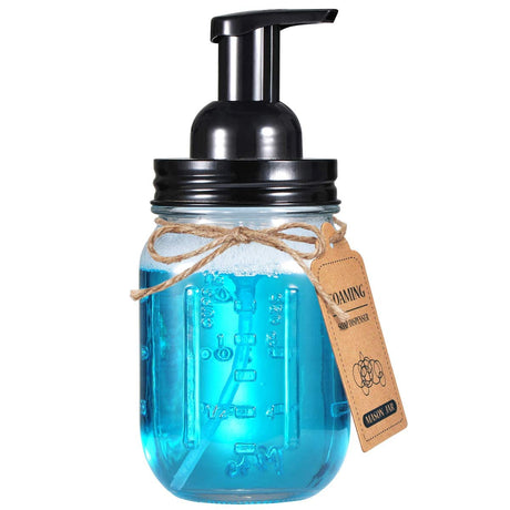 Amolliar Mason Jar Foaming Soap Dispenser, Plastic Pump Rustproof Stainless Steel Lid, Waterproof Label, Rustic Farmhouse Decor Hand Soap Dispenser, Dish Soap for Bathroom, Kitchen, Bath, Black 2 Pack Amolliar