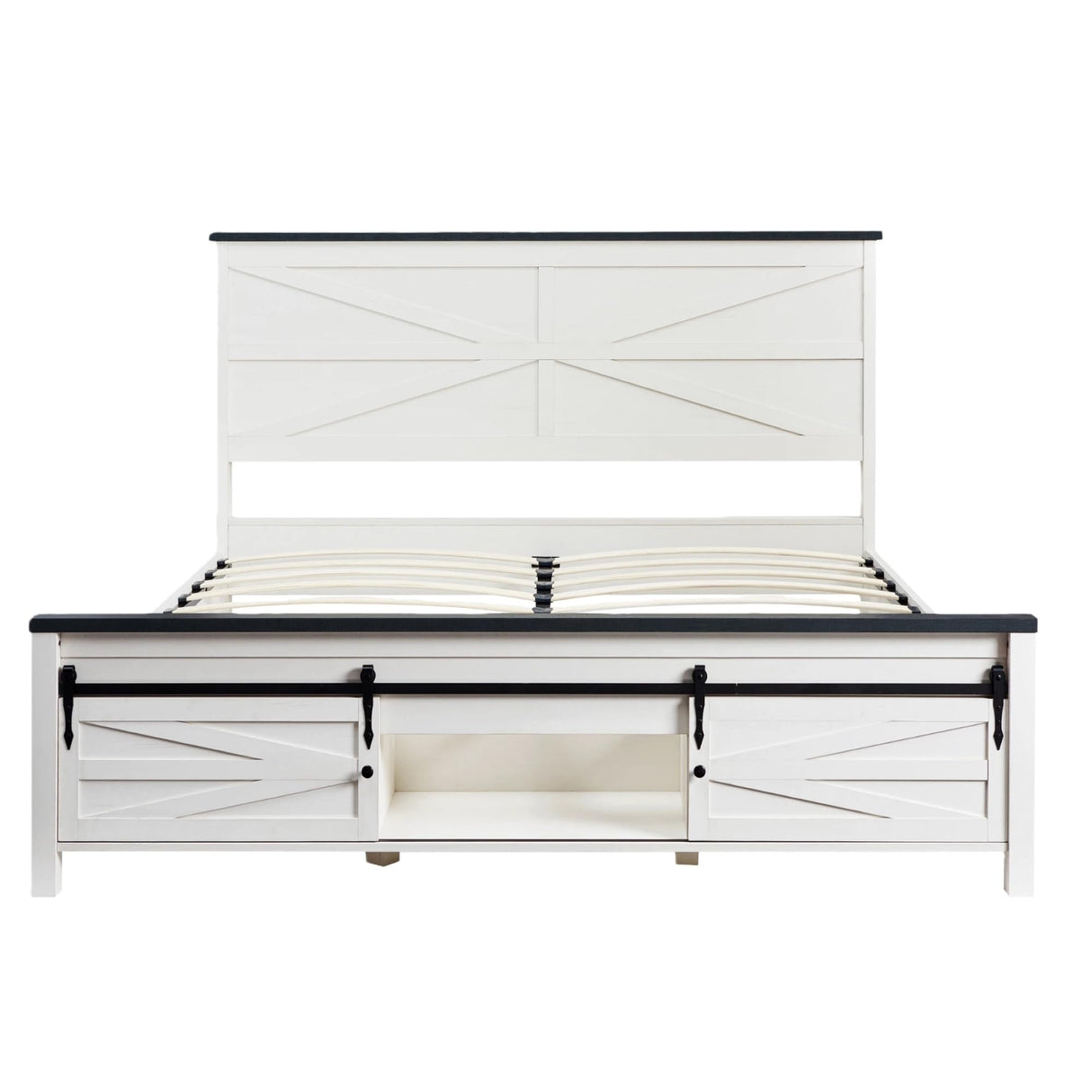 XIASLO Farmhouse Queen Bed Frame with Headboard, Sliding Barn Door Storage Cabinets, Sturdy Wood Slats Support, No Box Spring Needed, Noisy Free, Easy Assembly, White Oak XIASLO