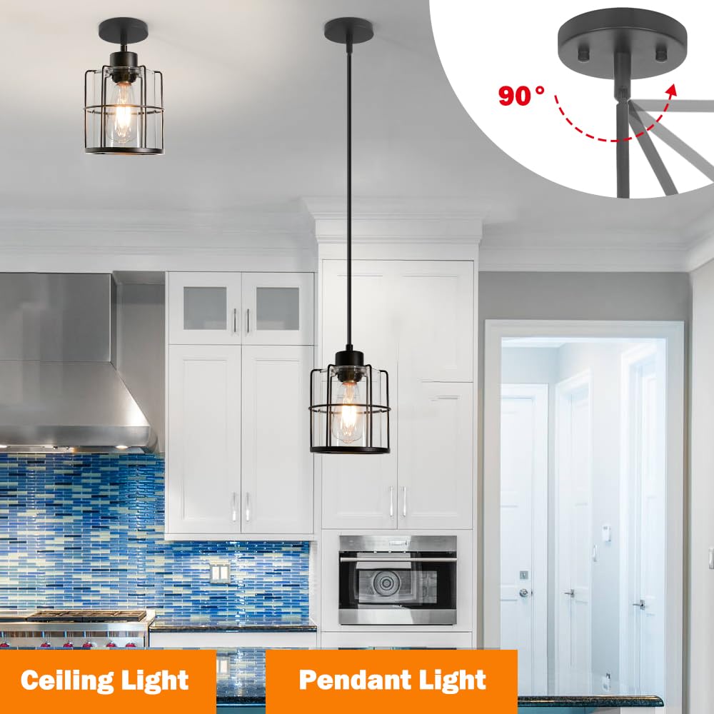 Farmhouse Pendant Lights Kitchen Island Set Of 2, Black Kitchen Island Lighting With Adjustable Rods, Industrial Cage Bathroom Pendant Lights With Clear Glass For Dining Room Hallway Sink DSMJFU DSMJFU
