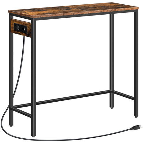 HOOBRO Narrow Console Table with Power Outlets, 29.5" Small Entryway Table with Charging Station, Thin Sofa Table, Side Table, for Hallway, Bedroom, Living Room, Rustic Brown and Black BF75UXG01 HOOBRO