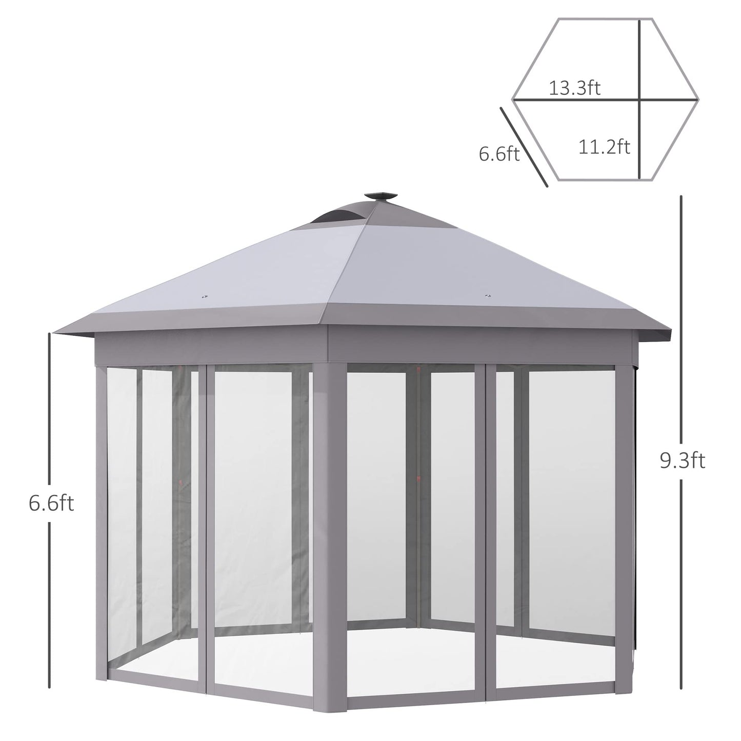 Outsunny 11' x 13' Pop up Gazebo with Netting & Solar LED Lights, Instant Portable Gazebo Shelter, Hexagonal Outdoor Canopy Tent Screen House Room with Carry Bag, Gray