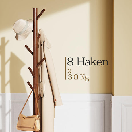 Pipishell Sturdy Wooden Coat Tree with 8 Hooks, 3 Adjustable Sizes for Clothes, Hat Stand Used in Bedroom/Office/Entryway, Brown Pipishell