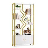 Keyluv 76" Tall Gold Bookshelf with Cabinet Storage, Multifunctional Open Display Bookcase with Door, Large Book Shelf Organizer for Living Room, Home, Office, Heavy Duty Metal & Wood, Modern White Keyluv