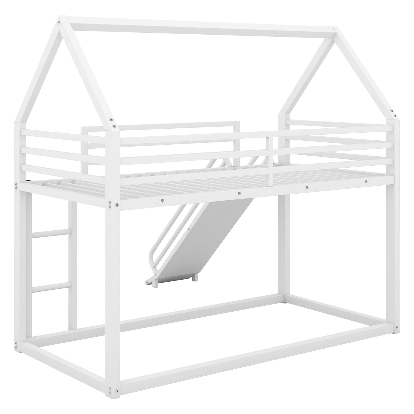 UOCFYK Twin Over Twin Bunk Bed with Slide for Kids, Metal Bunk Bed Frame with Roof Design and Full-Length Guardrail, Ladder, House Bed for Boys and Girls, No Box Spring Needed, White