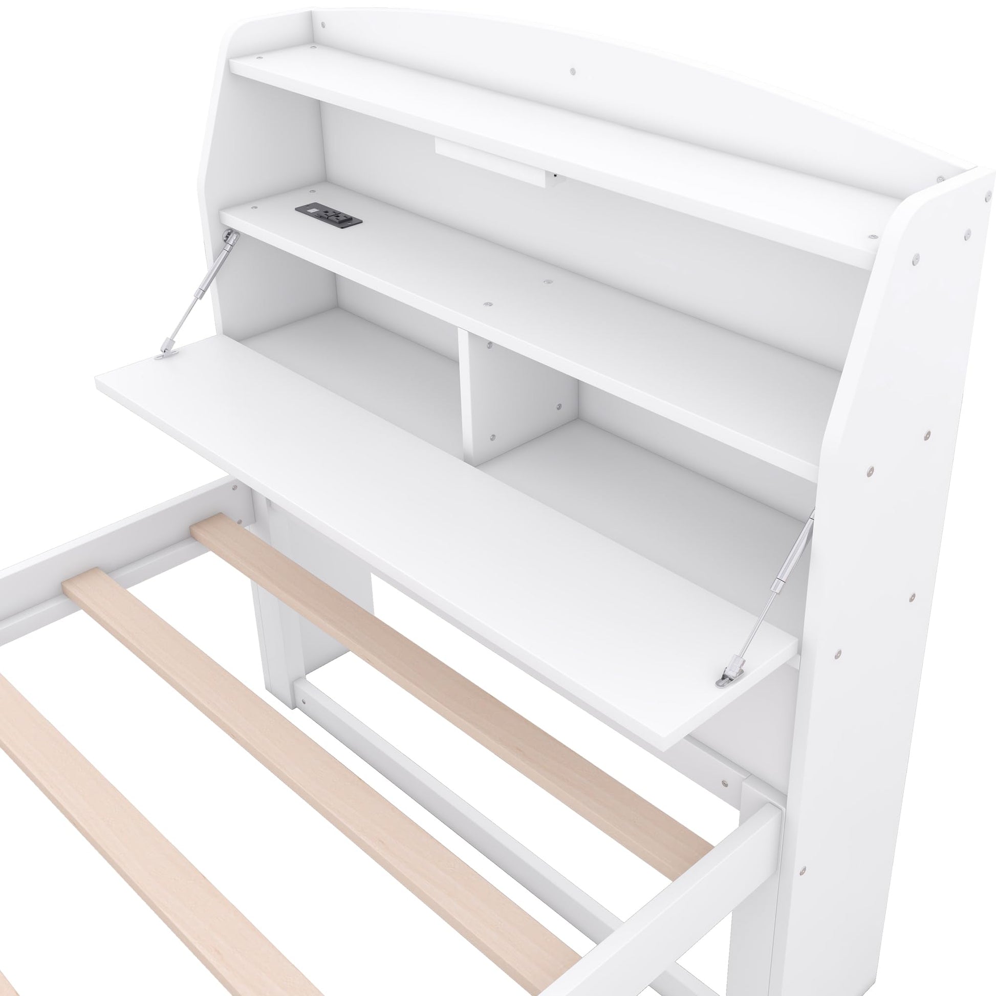 MERITLINE Twin Size LED Platform Bed with Trundle, Storage Drawers, and Bookcase Headboard in White - WoodArtSupply