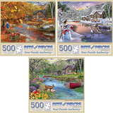 Bits and Pieces 3 Jigsaw Puzzle Set - 500 Piece Puzzles for Adults - Seasonal Cabins Set - 18" x 24" Jigsaw Puzzles - Forest Natiure - Random Die Cut Pieces No 2 are Alike Bits and Pieces