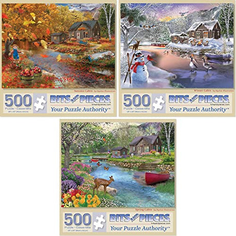Bits and Pieces 3 Jigsaw Puzzle Set - 500 Piece Puzzles for Adults - Seasonal Cabins Set - 18" x 24" Jigsaw Puzzles - Forest Natiure - Random Die Cut Pieces No 2 are Alike Bits and Pieces