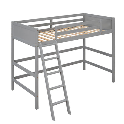 SOFTSEA Twin Size Loft Bed with Ladder, Wooden High Loft Bed with Guardrail for Kids Teens, Space Saving, No Box Spring Needed (Gray)