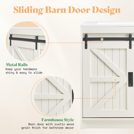 AMERLIFE Farmhouse Bathroom Vanity with Sink Combo, 31in Sliding Barn Door Bathroom Vanity Cabinet Set with Storage Drawers, Metal Handles, Small Single Bath Storage Vanity Sink, Antique White AMERLIFE